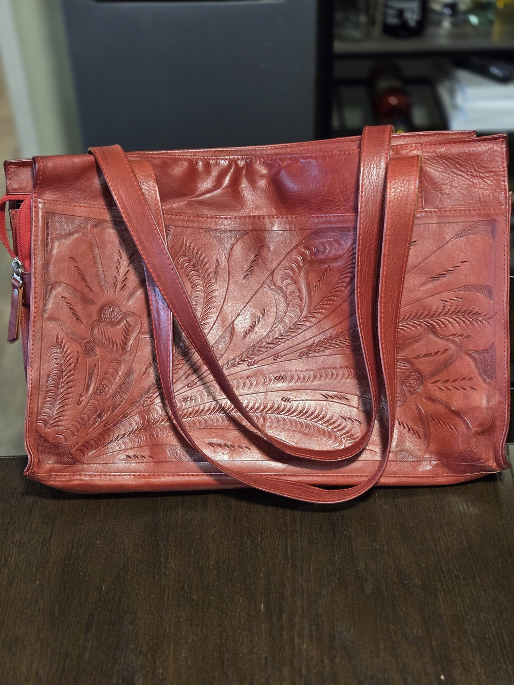 Leaders in Leather Hand-Tooled Red Floral Tote Bag